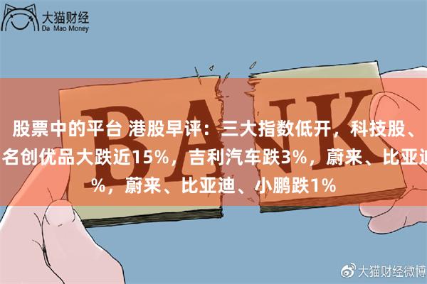 股票中的平台 港股早评：三大指数低开，科技股、汽车股普跌，名创优品大跌近15%，吉利汽车跌3%，蔚来、比亚迪、小鹏跌1%